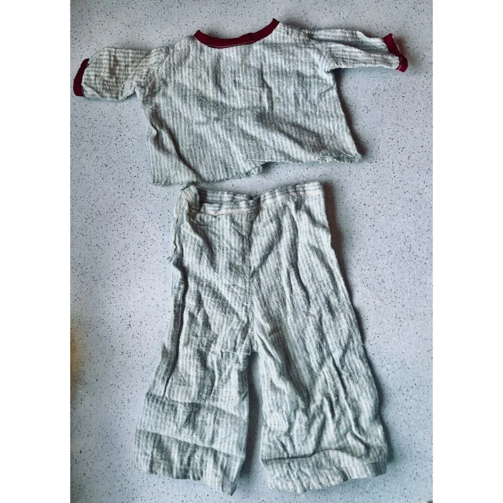 1950s Flannel Doll Pajamas Striped With Red Accents 2-Piece Set Button-Up Shirt